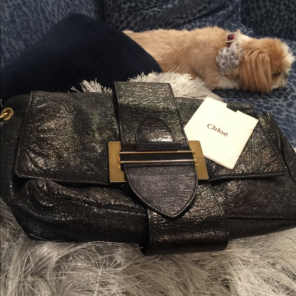 Chloe metallic black flap bag/gold tone chain